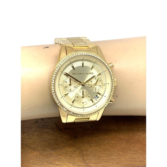 Michael Kors Women's Watch MK6356 Ritz Gemmed Quartz 37mm Gold Stainless Steel - Picture 11 of 14